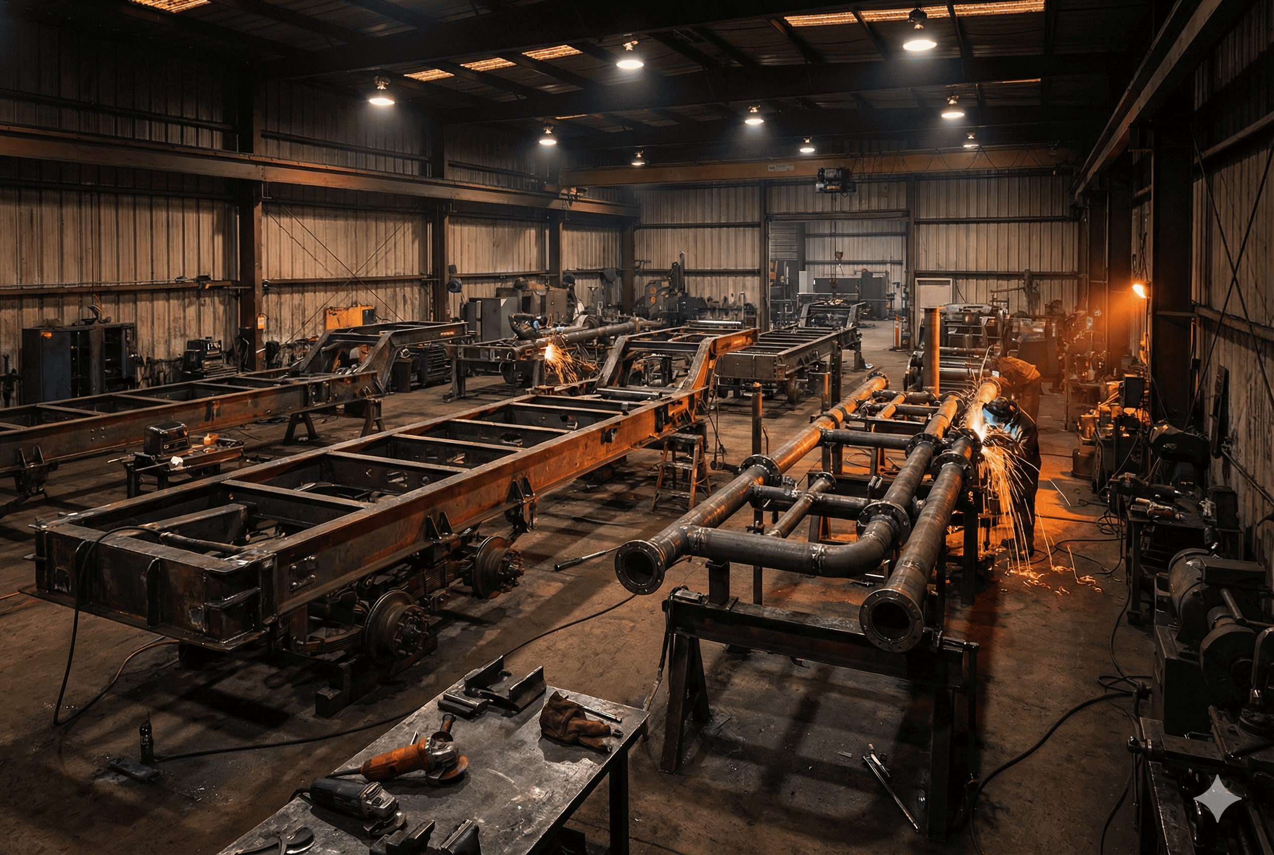 Taller de fabricación con soldadura y componentes de acero.