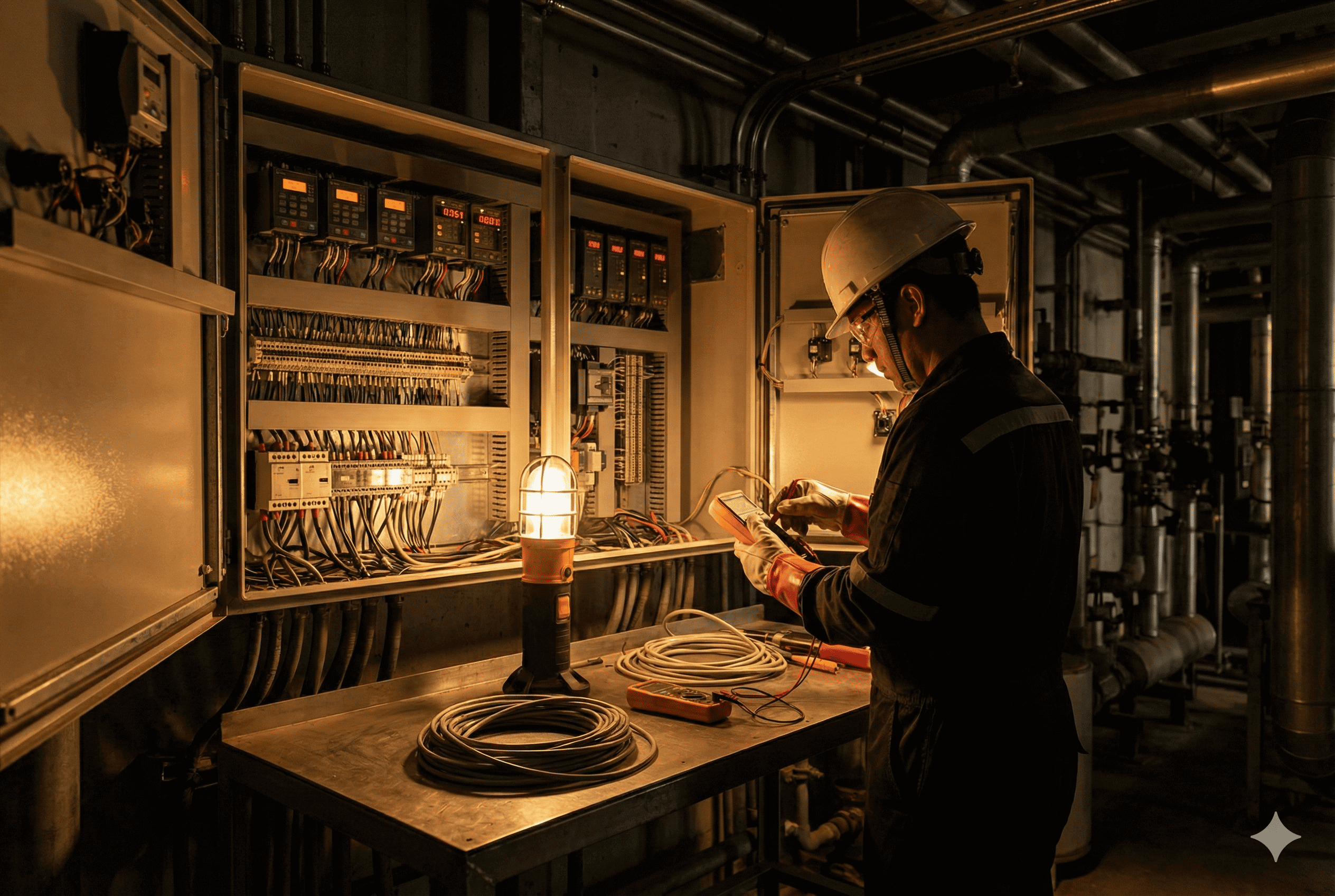 Panel eléctrico industrial con cableado y mediciones.