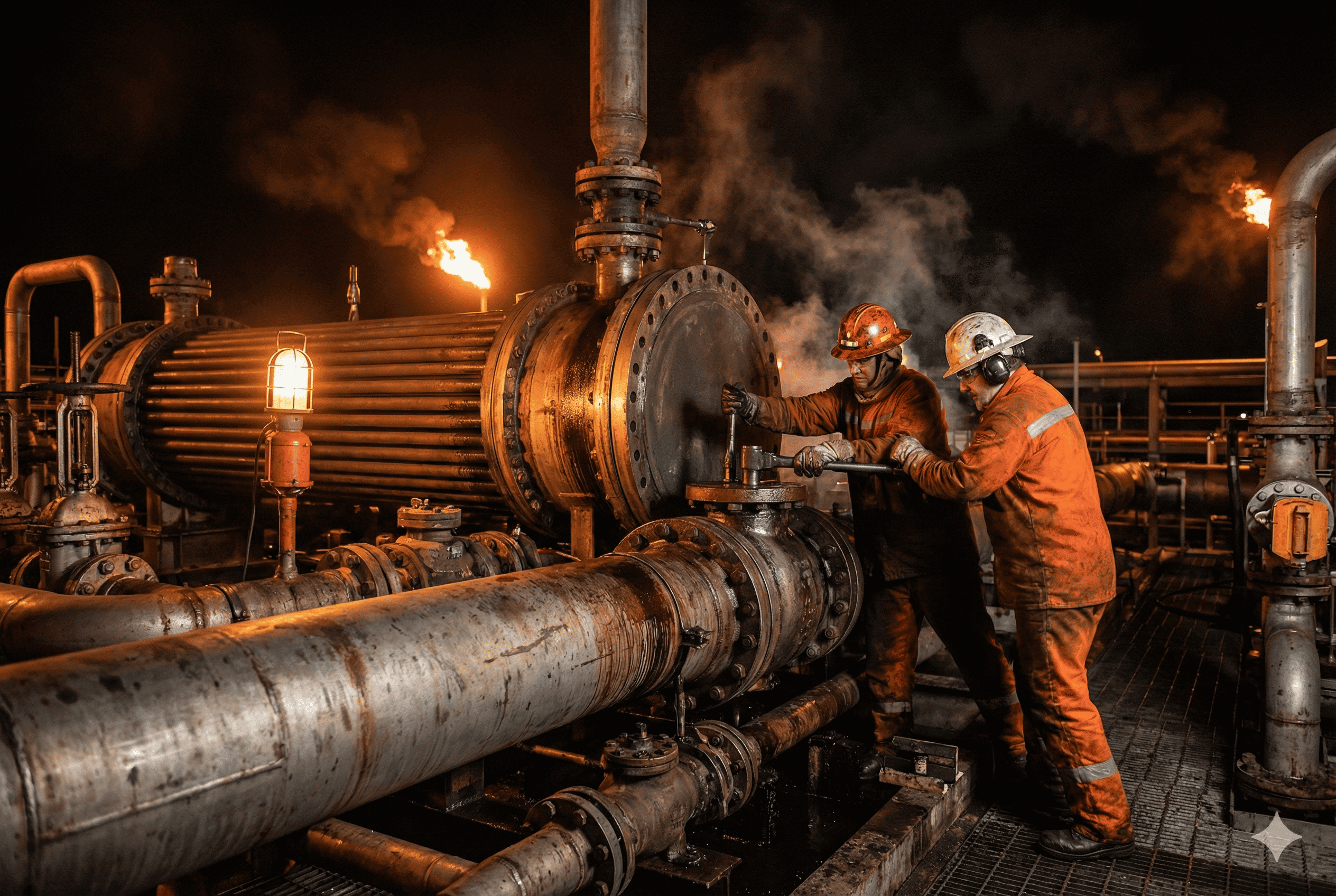 Equipo mecánico industrial y tubería en mantenimiento.