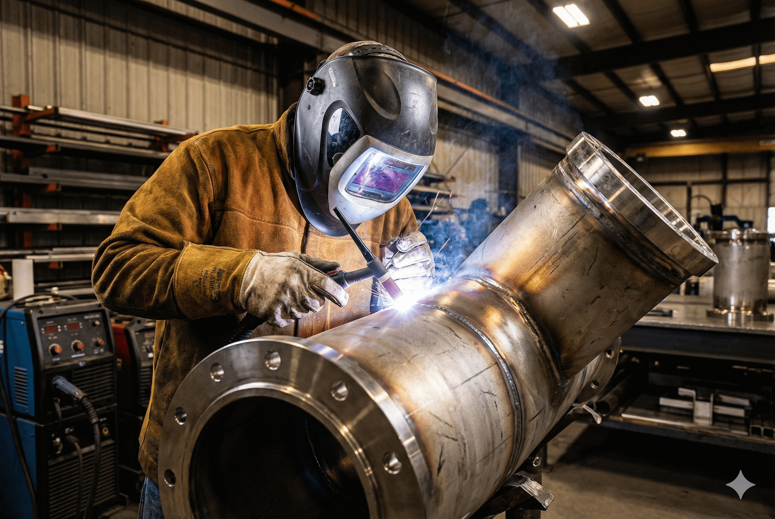 Soldador industrial trabajando en una unión de tubería.