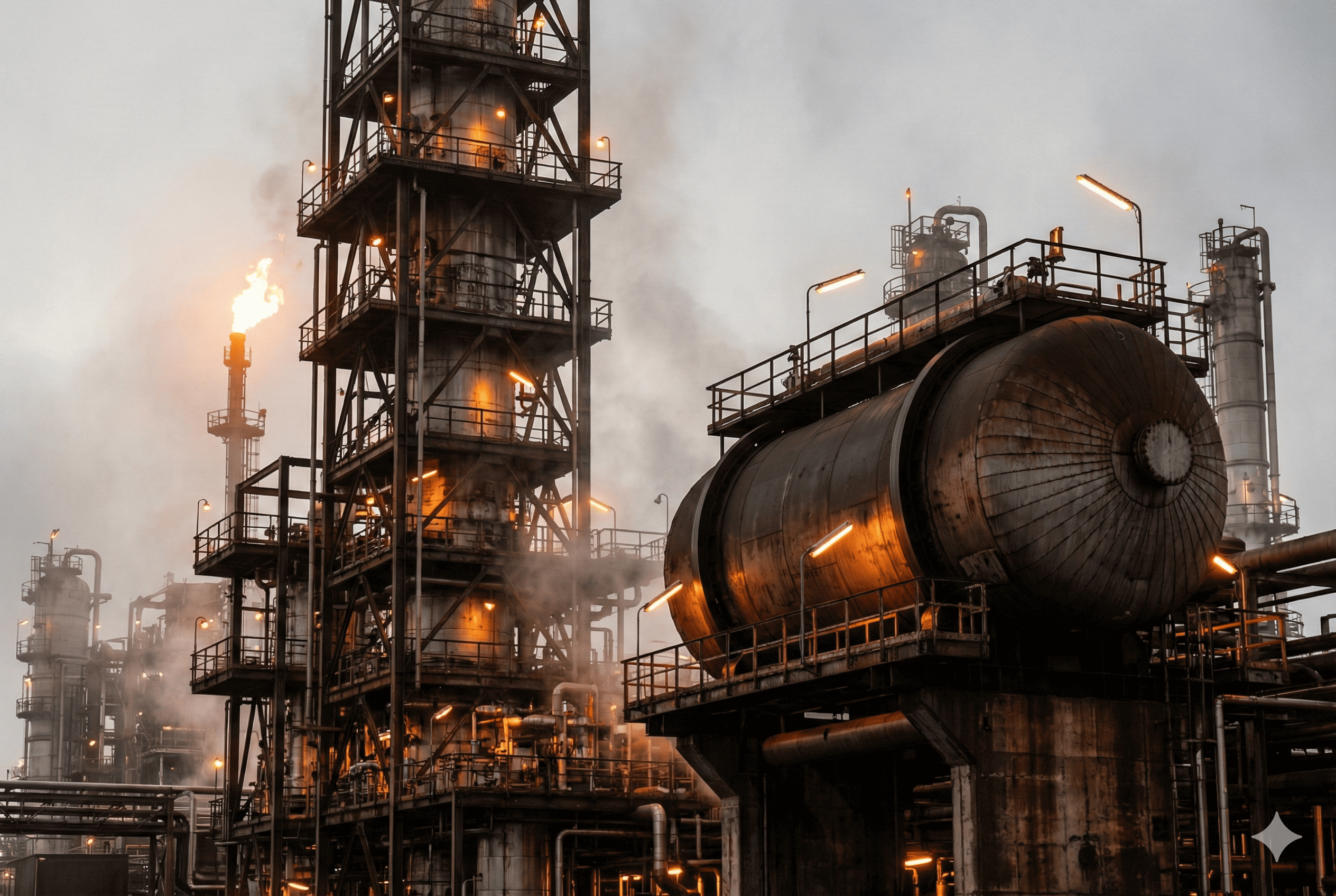 Torre de proceso industrial con estructuras metálicas.