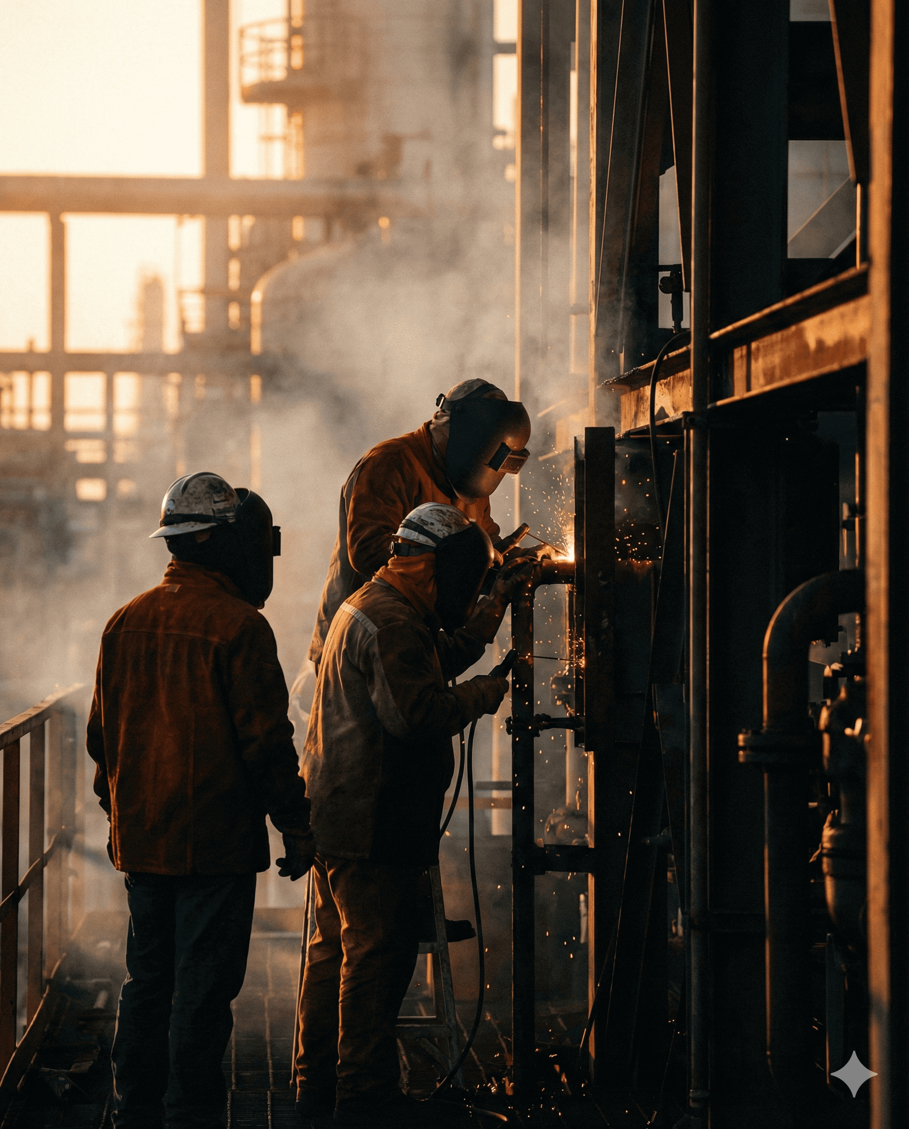 Equipo industrial ejecutando mantenimiento en refinería.